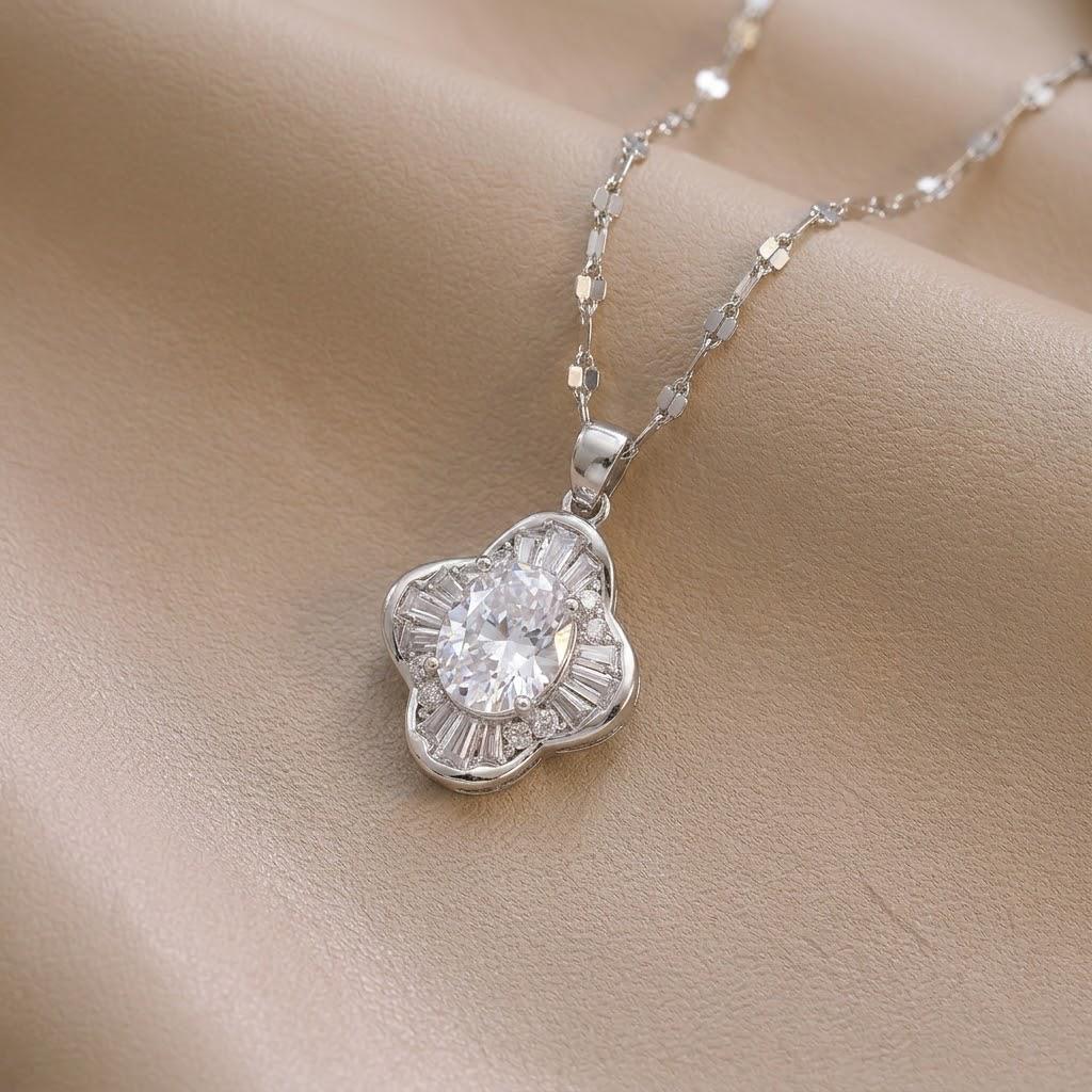 European-American Floral Pearl Necklace with Zirconia Flowers and Full Diamond Pendant