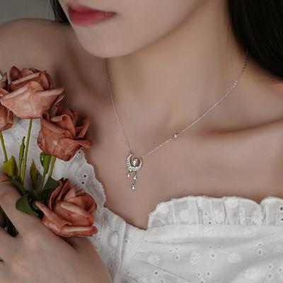 S925 Sterling Silver Necklace Moon Splash Galaxy Moonstone Necklace Light Luxury Heart-shaped Pendant Design Zircon Star Moon Clavicle Chain