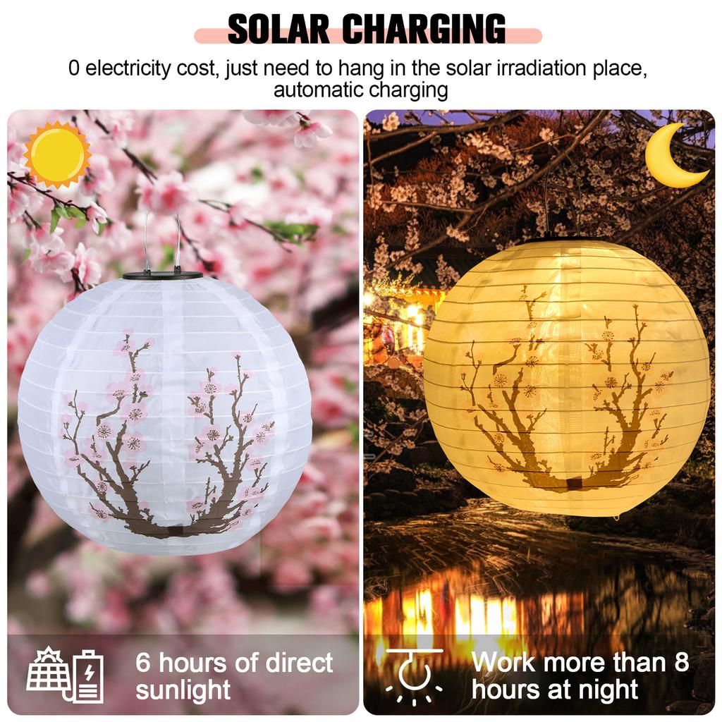 LED Solar Lantern 30cm Solar Power LED Plum Blossom Lights Nylon Colth Chinese Traditional Hanging Lanterns for Outdoor Indoor