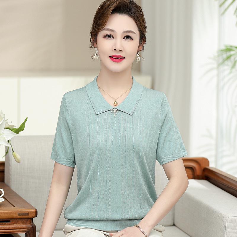 Elegante Stricktops in Übergröße aus Eis-Seide für Mütter - Kurzarm-Sommer-T-Shirts für stilvolle Frauen mittleren Alters