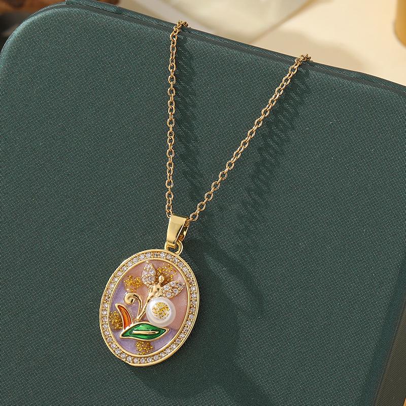 Monet-Inspired Flower Pendant Necklace, Hand-Painted, High-End Stainless Steel Clavicle Chain, New Chinese Style