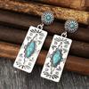 1 Pair Vintage Western Style Carved Imitation Turquoise Inlaid Rectangular Pendant Earrings, Gift For Women