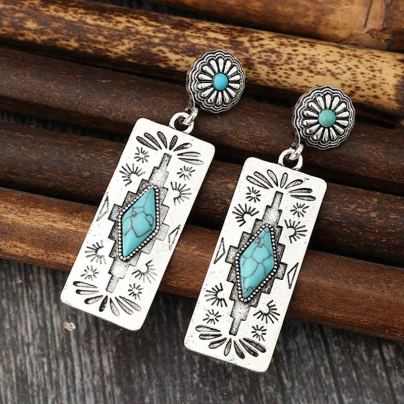 1 Pair Vintage Western Style Carved Imitation Turquoise Inlaid Rectangular Pendant Earrings, Gift For Women