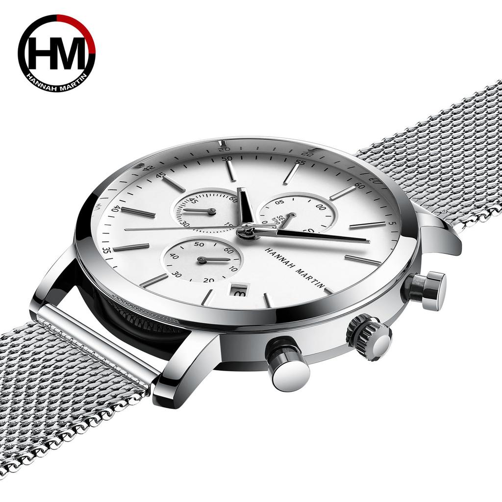 Hannah Martin Chronograph Quartz Stainless Black Men's Watch, Steel, Waterproof, Business, Stylish, Simple, Popular, Gift, (Silver)