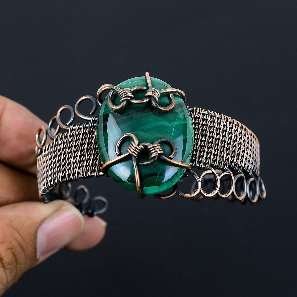 Fancy Malachite Gemstone Pure Copper Wire Wrapped Handmade Cuff/ Bangle Jewelry