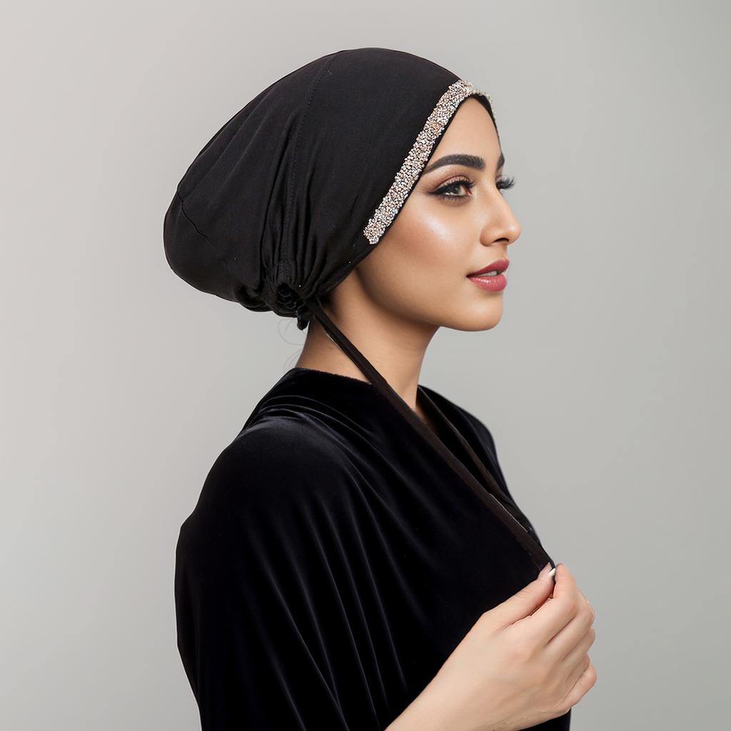 Shiny Rhinestone Hijab Muslim Inner Hijab Elastic Women Plain Solid Color Turban Undercaps Premium Soft Jersey Hijab Headband