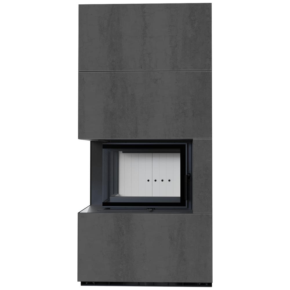 Modular fireplace KRATKI FLOKI BOX left 8 kW Ø 160 quartz sinter NATURALI PIETRA DI SAVOIA ANTRANCITE BOCCIARDATA
