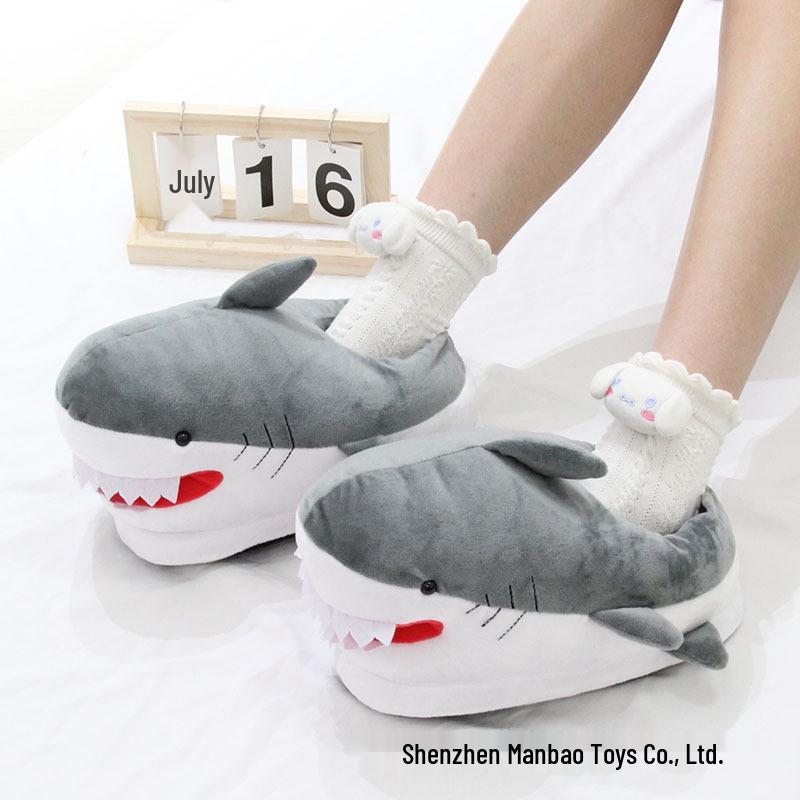 Great White Shark Cartoon Plush Slippers - Boys' Winter Indoor Cotton Footwear for Couples