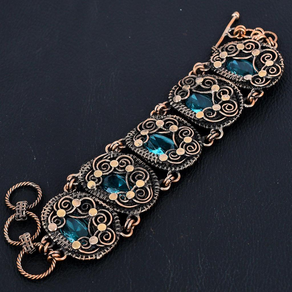 Swiss Blue Topaz  999 Copper Wire Wrapped Bracelet Adjustable Bangle, Gemstone Jewelry Gift For Mom, Handmade Brand New Jewelry
