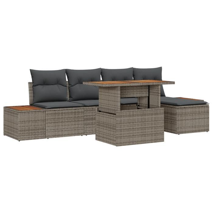 VidaXL Ensemble de salle à manger de jardin de 6 pièces avec coussins gris en poly rattan et acacia 3350061