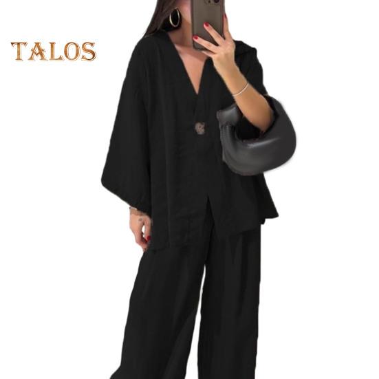 Dámský bavlněno-lněný dvoudílný outfit s dlouhým rukávem, top s výstřihem do V a zapínáním na knoflíky, široké kalhoty, ležérní souprava na doma