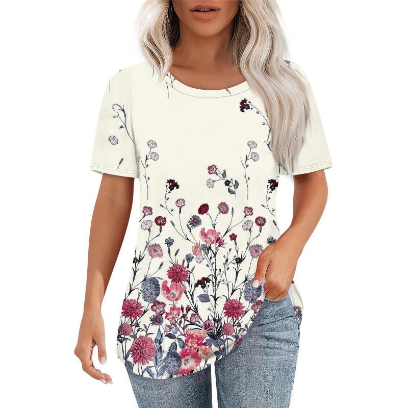 Women's Casual Versatile High-quality Floral Pattern Short Sleeved Round Neck T-shirt