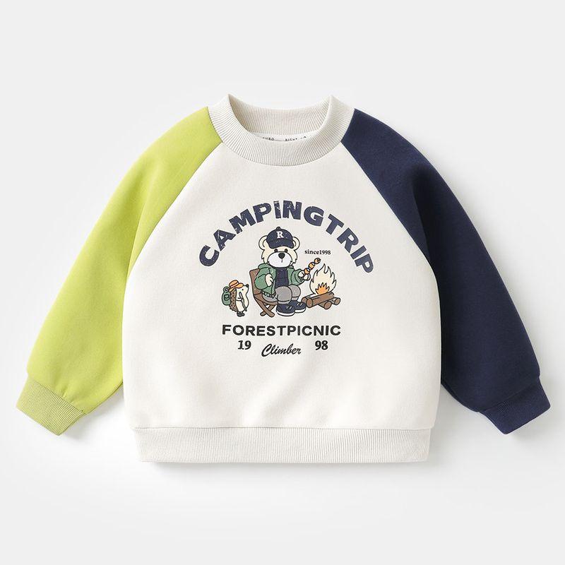 [Spring 25 New Collection] European-Style Boys  Mountain Series Color-Block Raglan Sleeve Casual Crew Neck Sweatshirt Long-Sleeve Top for Spring Beige Color Block Sleeves 100