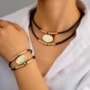 2PC/Set Metal Women Jewerly Faux Leather Vintage Gold Silver Color Girls Gifts Oval Necklace Bracelet Set Fashion Women
