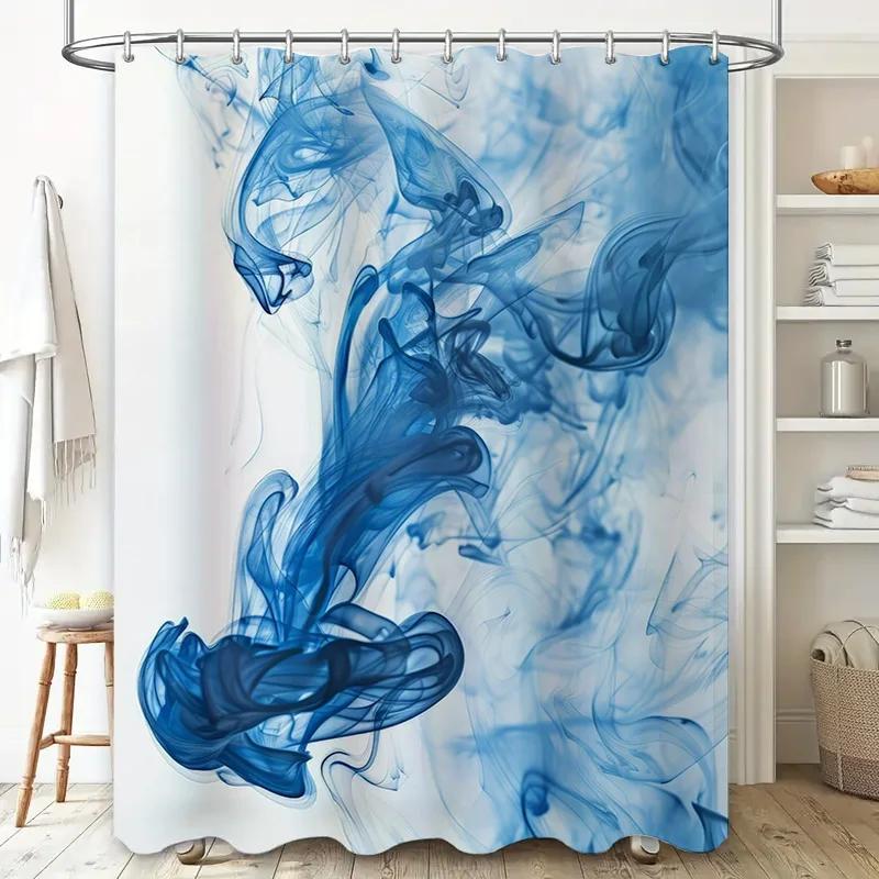 Blue Smoke Effect Shower Curtain Decor Modern Blue Ink Print Shower Panels Bathroom Decoration Waterproof Fabric