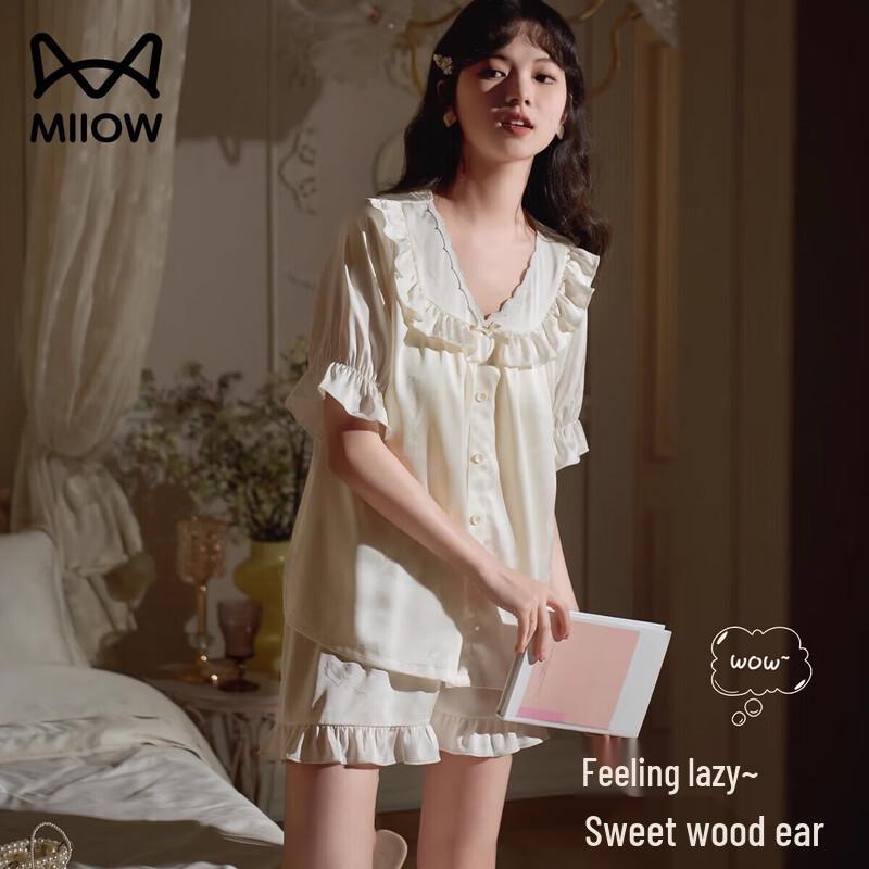 Miiow Women s Ice Silk Padded Short-Sleeve Pajama Set L