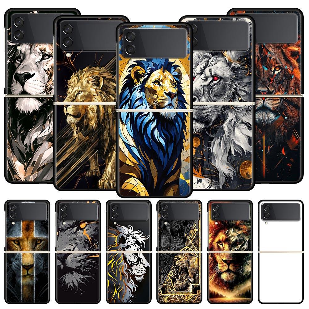 Cross Pattern Bicolor Lion Hard PC Phone Case For Samsung Galaxy Z Flip 7 6 5 4 Black Cover For Galaxy Z Flip 3 Foldable Shell