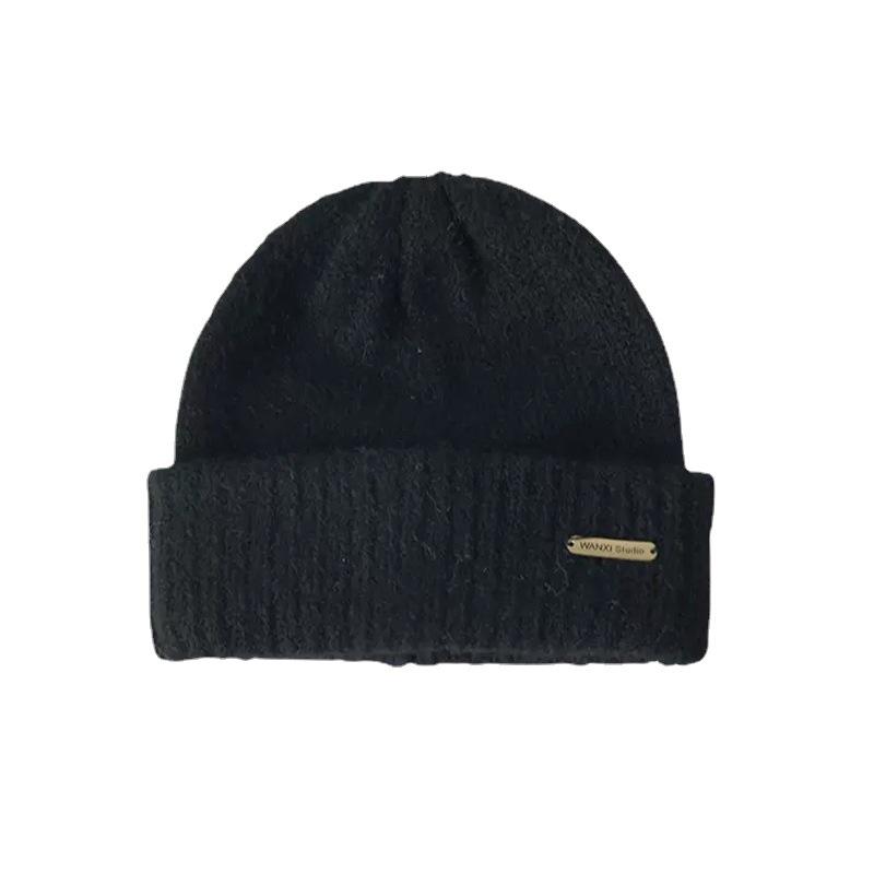 Wool Warm Pile Hat Women's Autumn and Winter Korean Style Trendy Metal Label Knitted Hat Men's Face Revealing Small Loose Thick Wool Hat