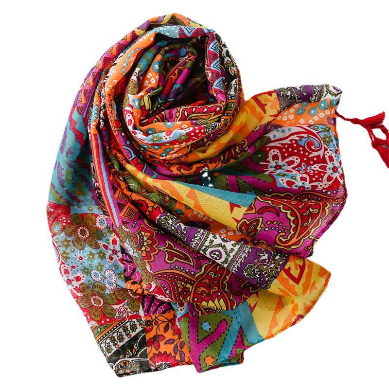 Bohemian Red Tassel Scarf - Ethnic Style Cotton-Linen Blend Shawl