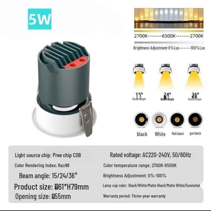 

High CRI Full Spectrum Recessed LED Spotlight - Wall Washer Atmosphere Light 5W White Cup, 55 Cut-out