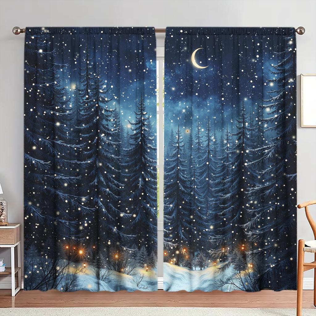 2 Piece Night Forest Snow Landscape Printed Curtains   Suitable for Gifting To Family and Friends   Semi Blackout Curtains