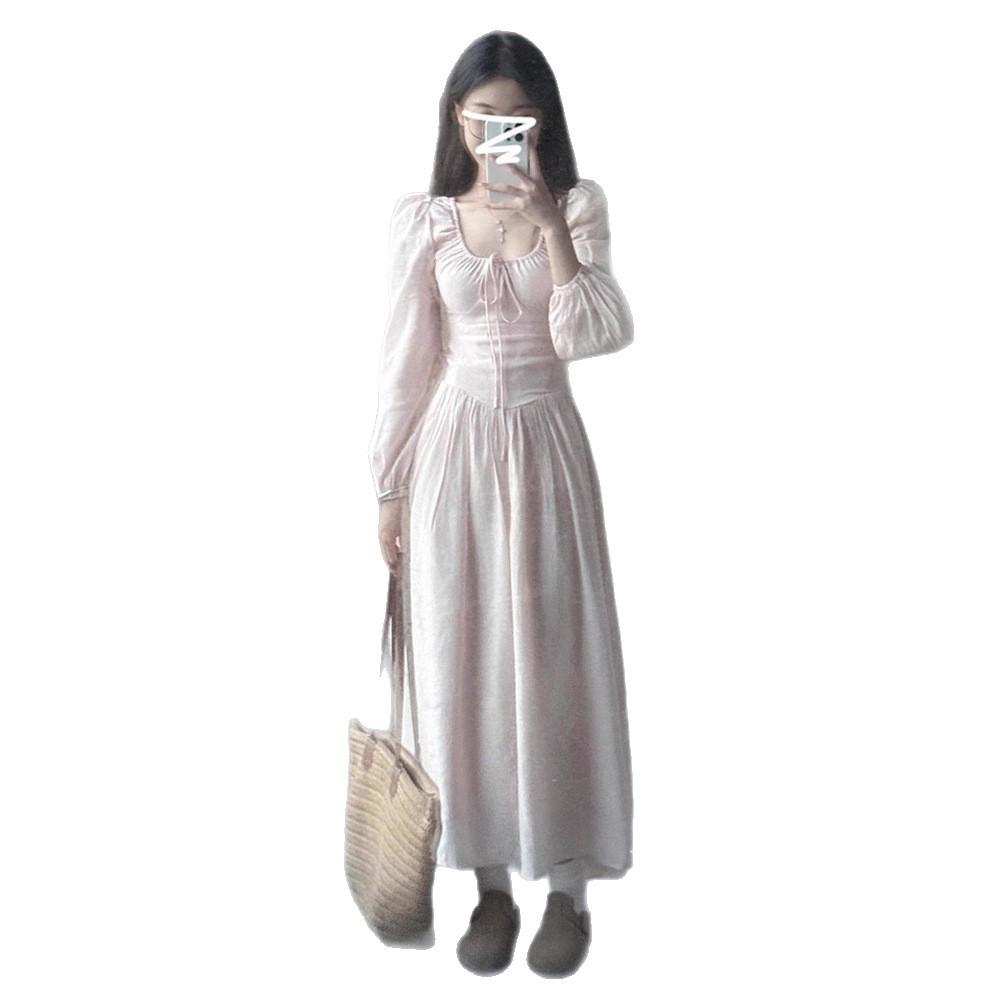 Early autumn French pink long-sleeve dress, women's outfit, new early autumn waist-cinching slimming elegant long skirt