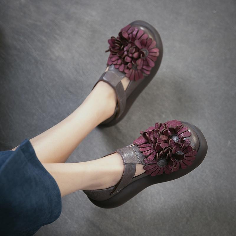 Johnature Ethnic Style Flower Thick Soled Sandals Genuine Leather Versatile Women's Platform Shoes