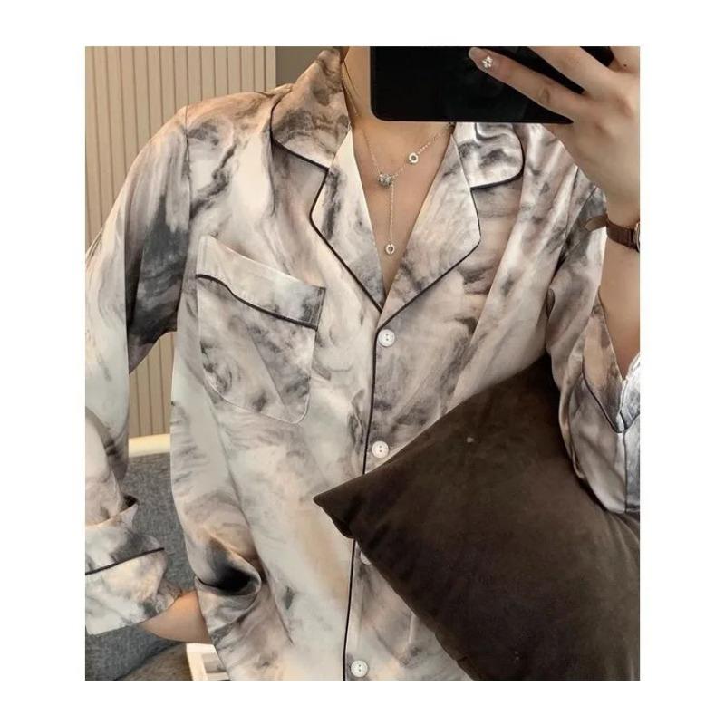 Women's New Spring and Fall Ice Silk Pajamas Home Style Suit Girl Ink Printing Silk Pajamas Ins Advanced Sense of Homewear