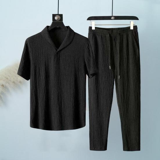 2 Pcs/Set Men Top Pants Set Solid Color V Neck Short Sleeves Loose Pullover Exercise Elastic Waist Drawstring Plus Size Men Sports Suit Men Garment