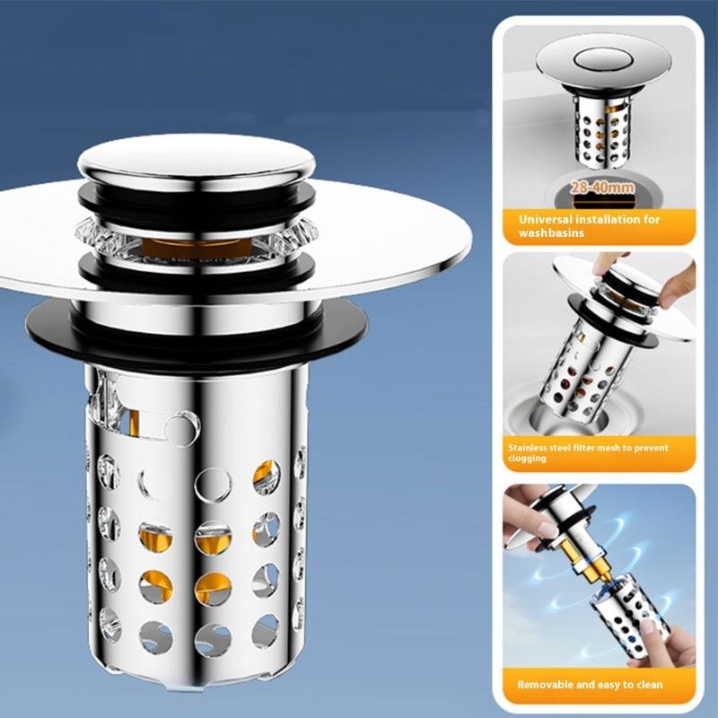 Not Odor Bathroom Sink Drain Filter Push Down Stoppers with Hair Strainer Steel Basin Waste Plugs For Easy Cleaning
