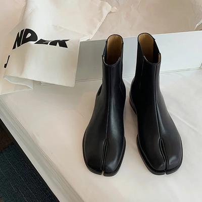 New Brand Design Fashion Split Toe Genuine Leather Women Chunky Round High Heels Women Boots Winter Tabi Shoes Short Boots