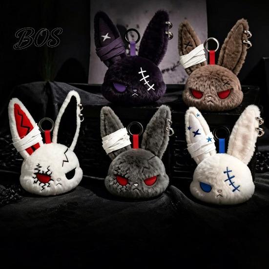 Stress Relief Plush Doll with Metal Hanging Loop, Dark Style Rabbit Pendant Bandage Stitched Keychain Toy, Funny Expression Doll, Collectible Toy Loop
