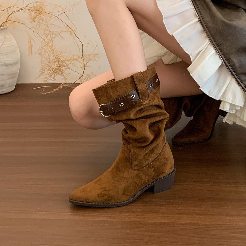 

American Lazy vintage pleated stacked boots, women s autumn and winter pointed-toe western denim boots, thick heels, mid-top knight boots 40 верблюд