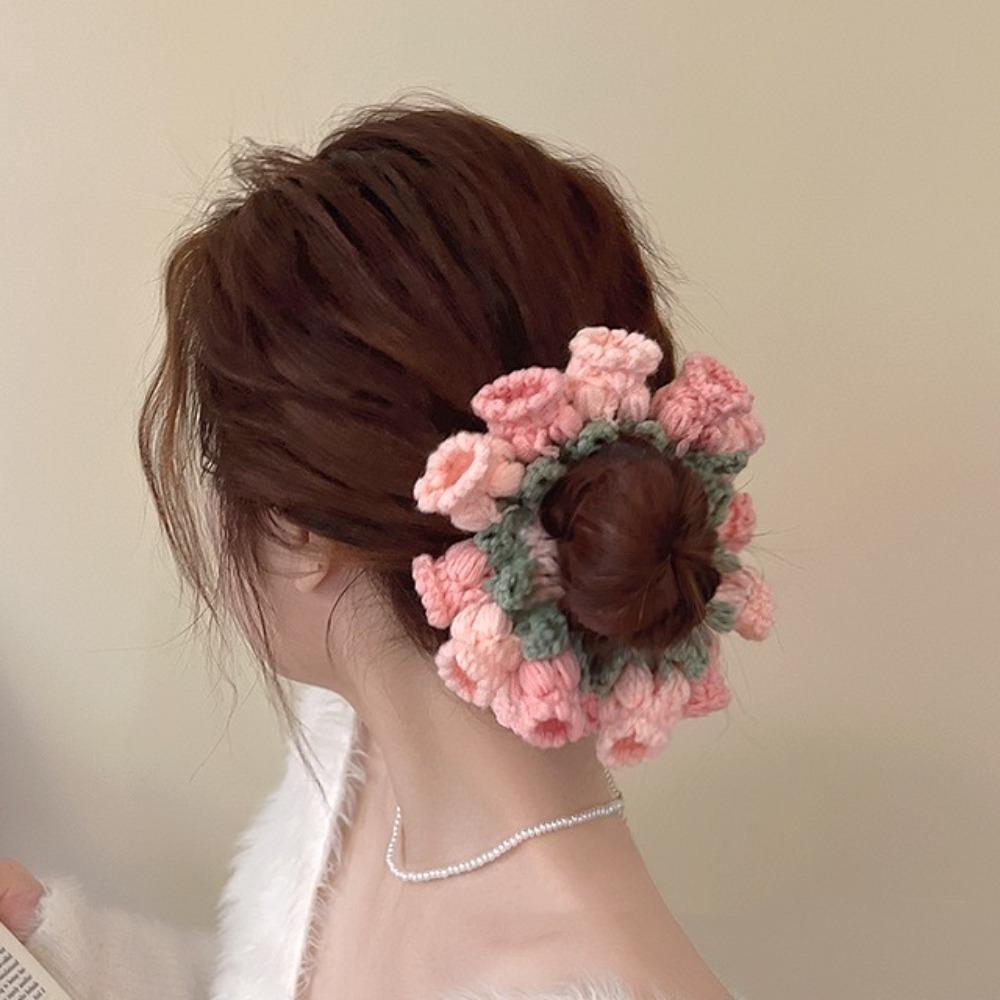 Handmade Knitted Hair Rope Elastic Sweet Hair Tie Fashion Crocheted Flower Scrunchies  Daily