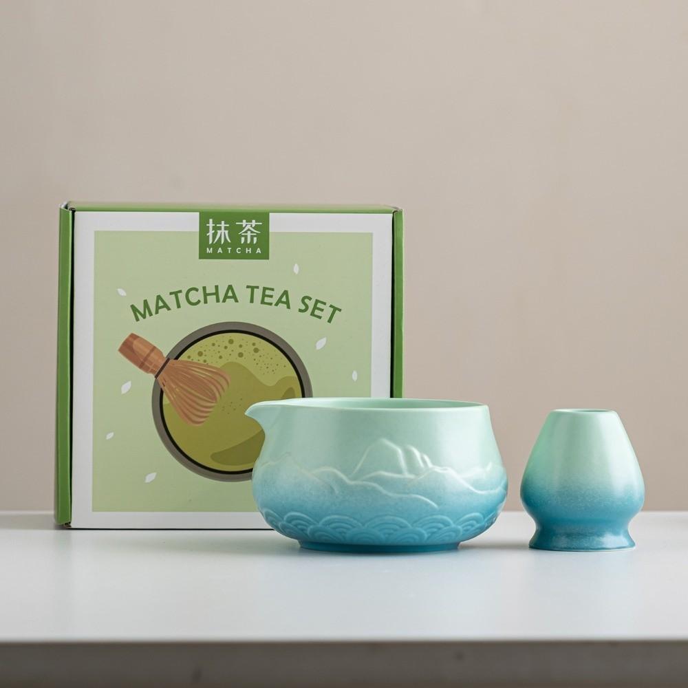 Ceramic Matcha Bowl Gradient Color with Pouring Spout Matcha Making Kit Reusable Mountain and Sea Japanese Tea Set Tea Lovers