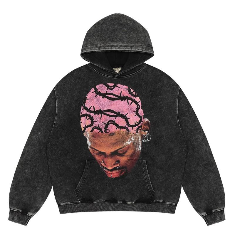 Mens Vintage Washed Hoodie With Distressed Graphic Print Loose Fit Cotton Pullover Fall Casual Wear