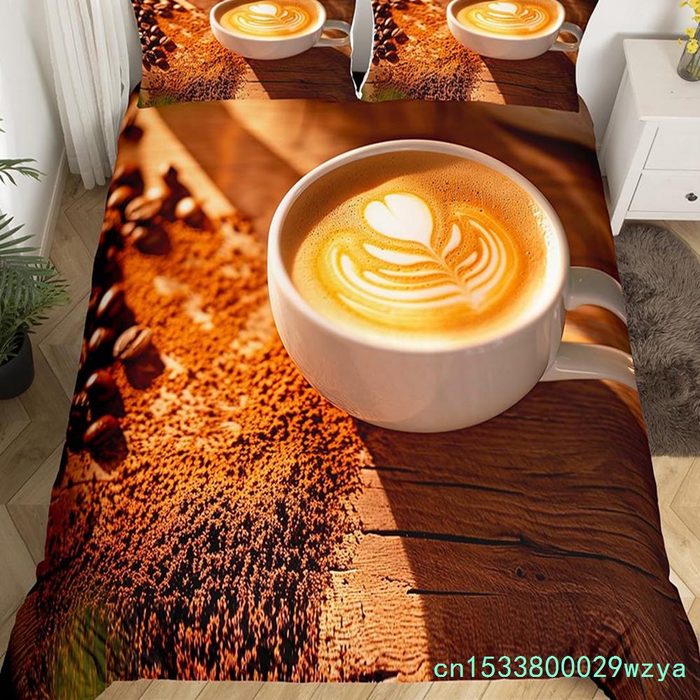 Coffee Duvet Cover Queen King Cartoon Coffee Drink Cup Print Bedding Set Coffee Lover Comforter Cover Modern Brown Quilt Cover