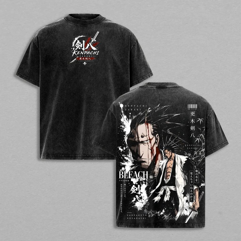 BLEACH Zaraki Kenpachi T-shirt Trendy Anime Vintage Washed Oversized T Shirt Summer Short Sleeve Cotton Tees Tops Men's Clothing