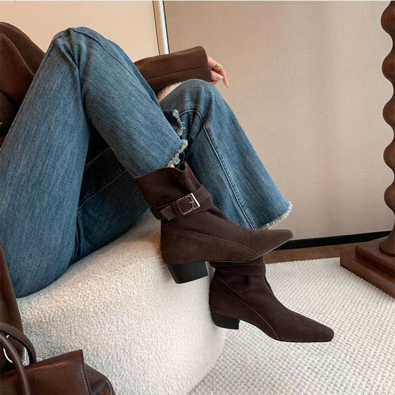 Women Elegant Fashion Ankle Boots Winter Goth Woman Shoes New Mid Heels Slip On Chelsea Designer Brand  De Mujer