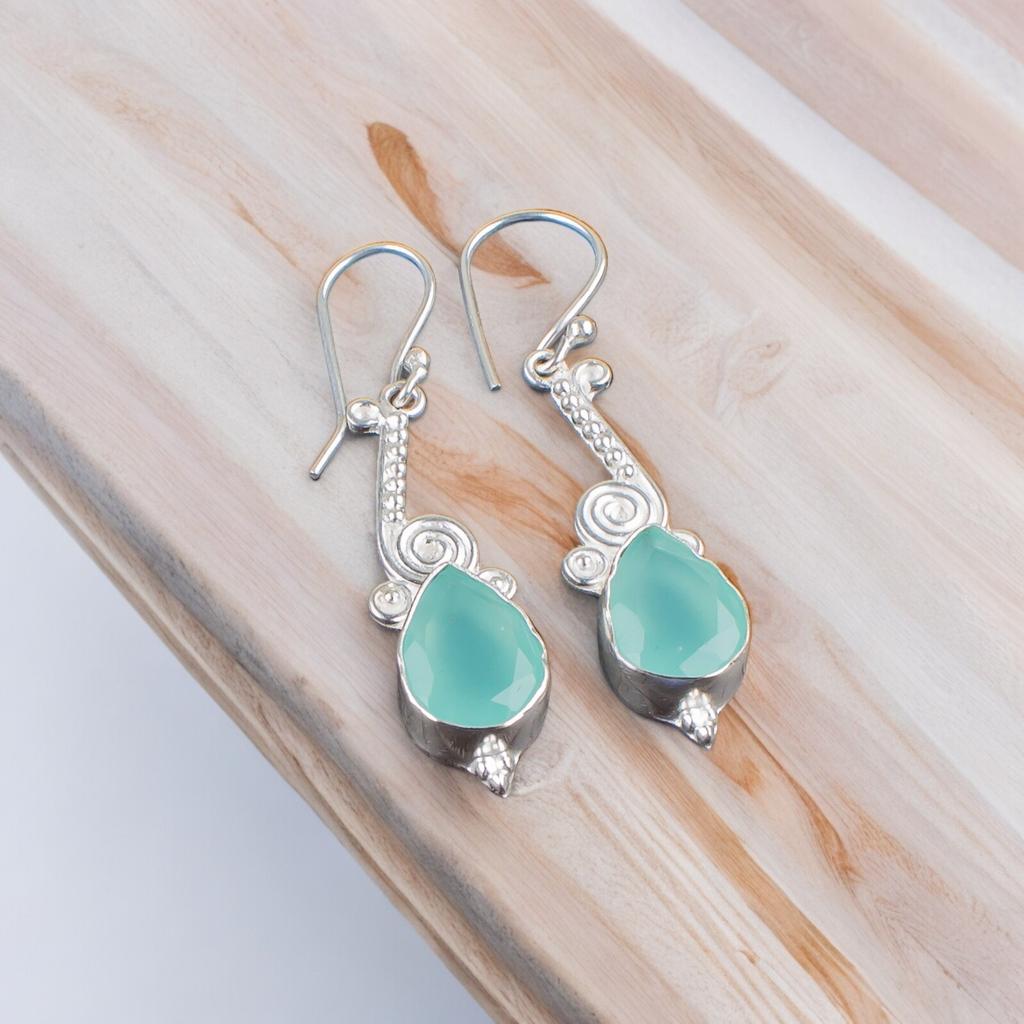 Natürlicher Aqua Chalcedon Edelstein 925 Sterling Silber Handgefertigter Schmuck Ohrringe EE-37-17