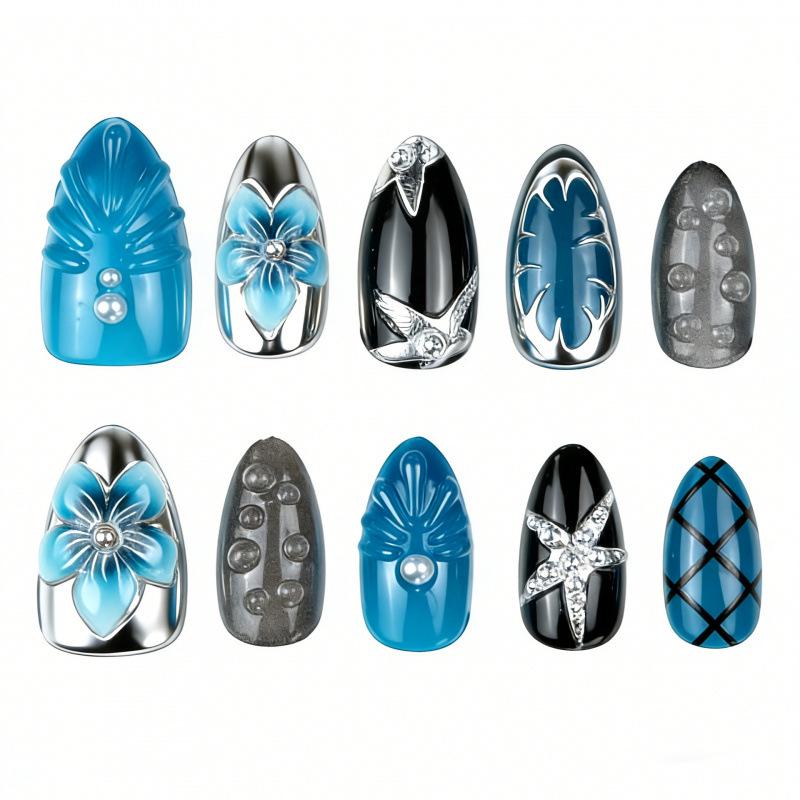 30-Piece Ultra-Short Almond Manicure Set with 3D Flower Rhinestones & Gold Foil