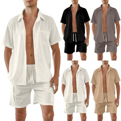 Camisas de manga curta com botões de cor sólida masculinas, camisas de manga curta casuais da moda masculina, conjunto de shorts