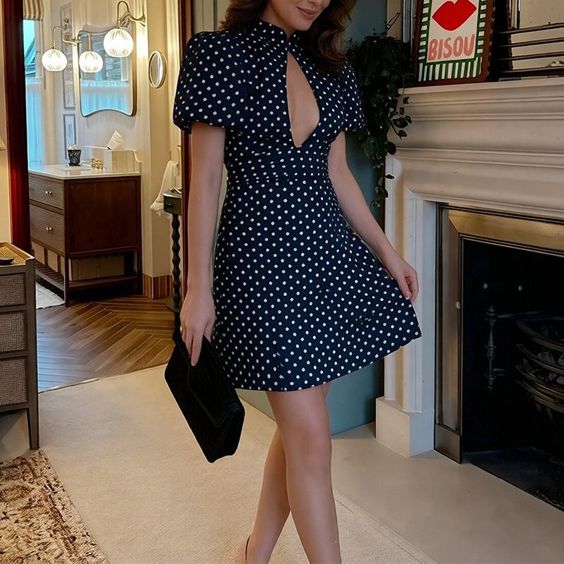 Eleganti Vestiti Corti a Pois da Donna Maniche a Sbuffo Traforati Pacchetto Fianchi Vestito Aderente Estate Donna Festa Sera Vestiti