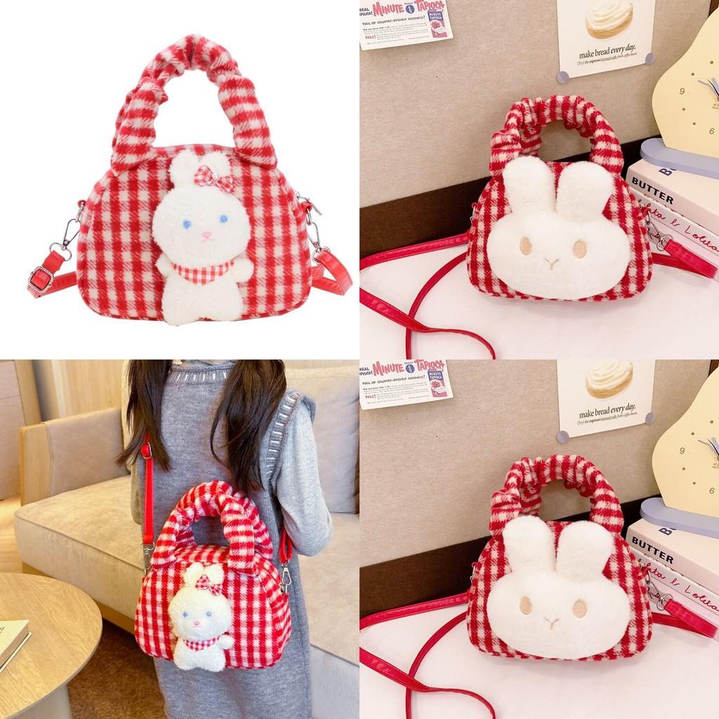 Adorable Plush Rabbit Design Korean Style Shoulder Bag For Kids With Stylish Checkered Pattern