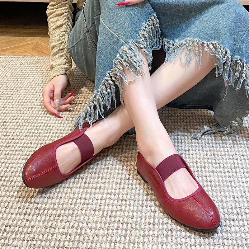 Fashion Ins style Fashion Elastic Strap Shallow Women Ballet Flats Comfortable Soft Soles Mary Janes Leather Walking Dance Loafers Shoes