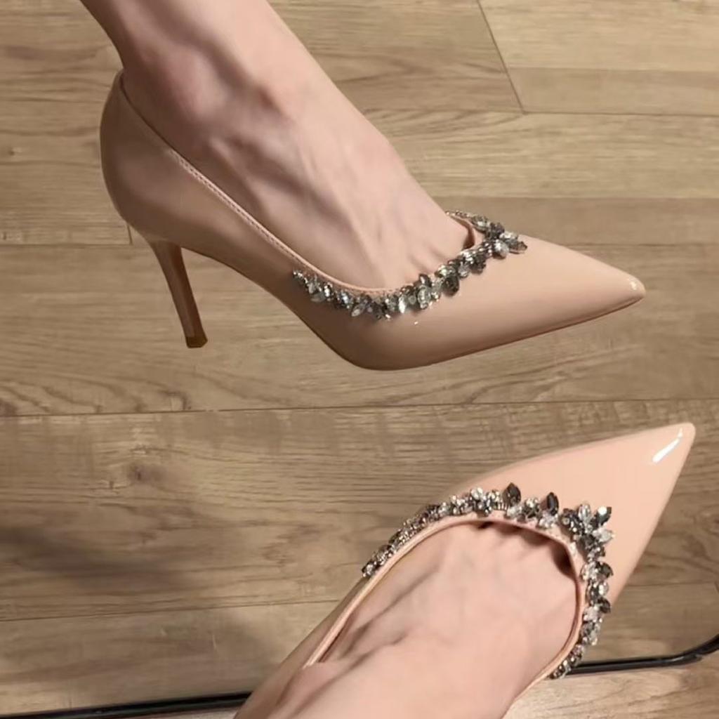 Spot A-327 Black Commuter 2025 New V-mouth pointed rhinestone thin heel satin fashionable versatile high-heeled shoes