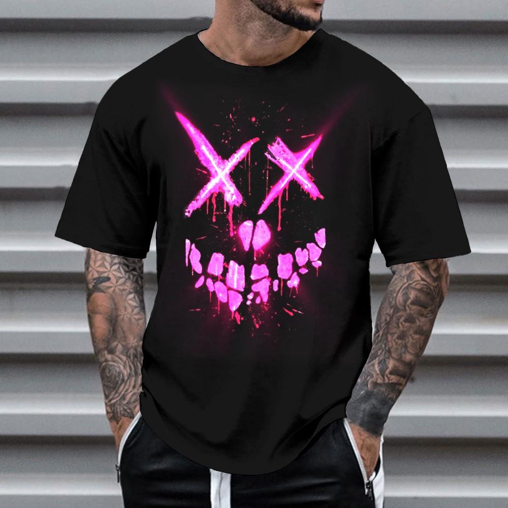 Summer Round Neck 3D Neon Graffiti Skull Graphic Print Top Fashionable Casual Short Sleeved Men's T-shirts