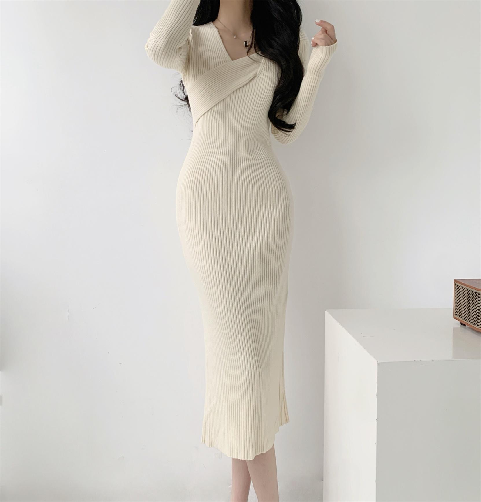 

Корейская мода Y2k Design Slim Knitting Dress Women V Neck Solid Chic Evening Party Dresses Female New Elegant Casual Swimwear Dress S чёрный