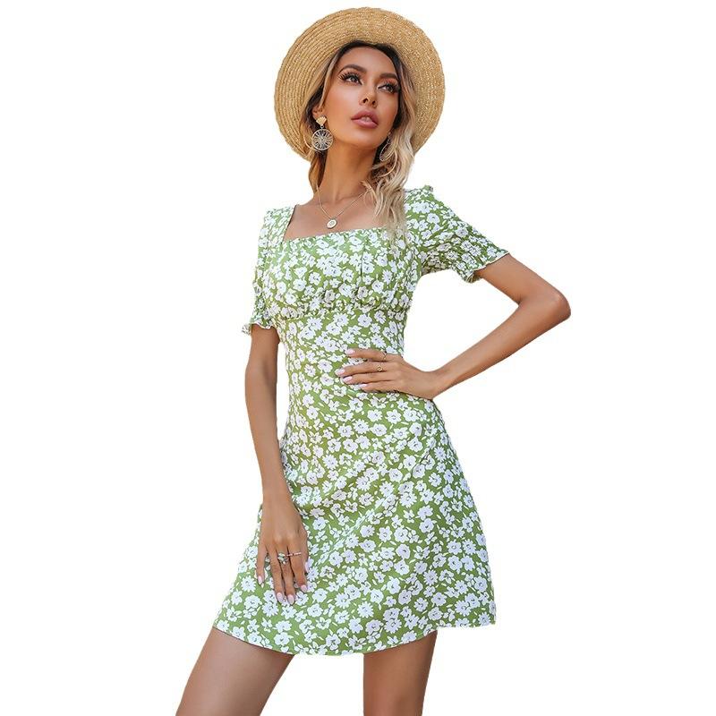 Summer fresh pastoral style one-word neck floral dress pleated green dress