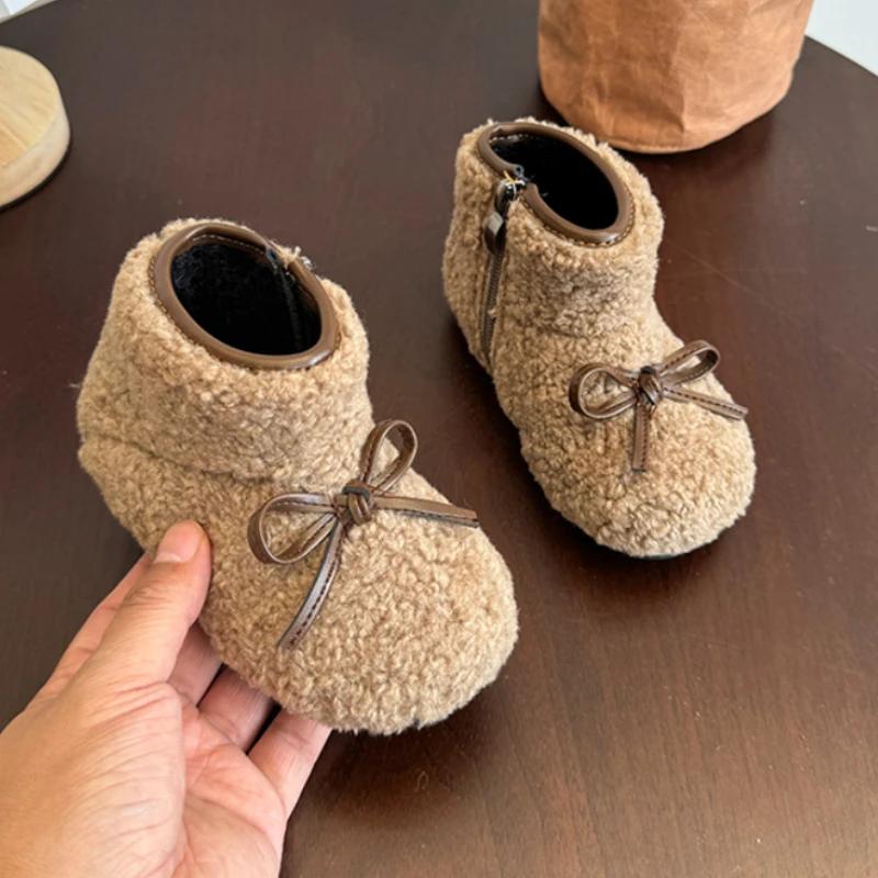 

2024 Зима Новые Детские Балетки Меховая Отделка Носка Легкие Теплые Детские Модные Туфли с Бантиком Повседневные Плюшевые Нескользящие Для Отдыха Мэри Джейн 31-Insole18.7cm хаки